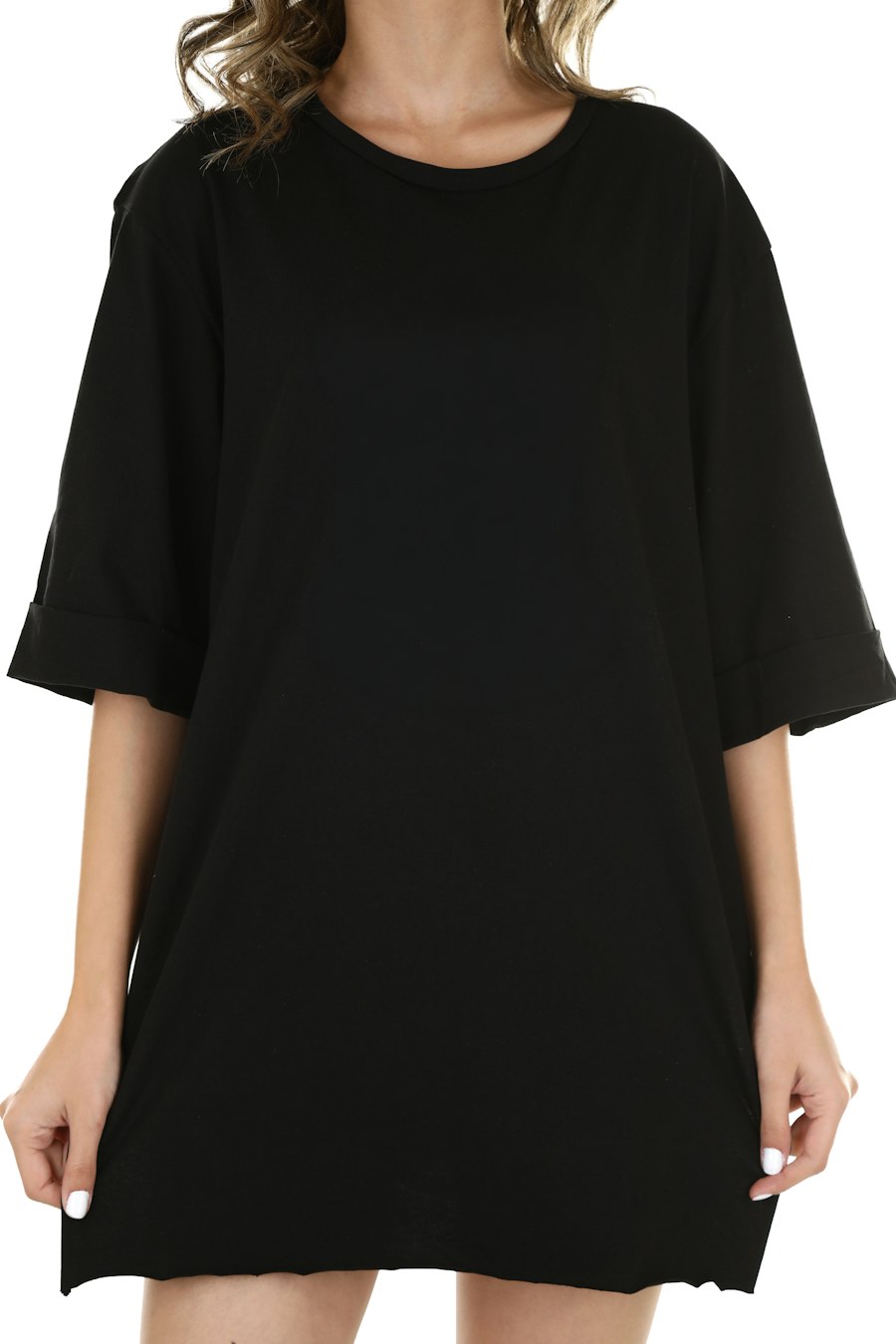 Person wearing an oversized black t-shirt