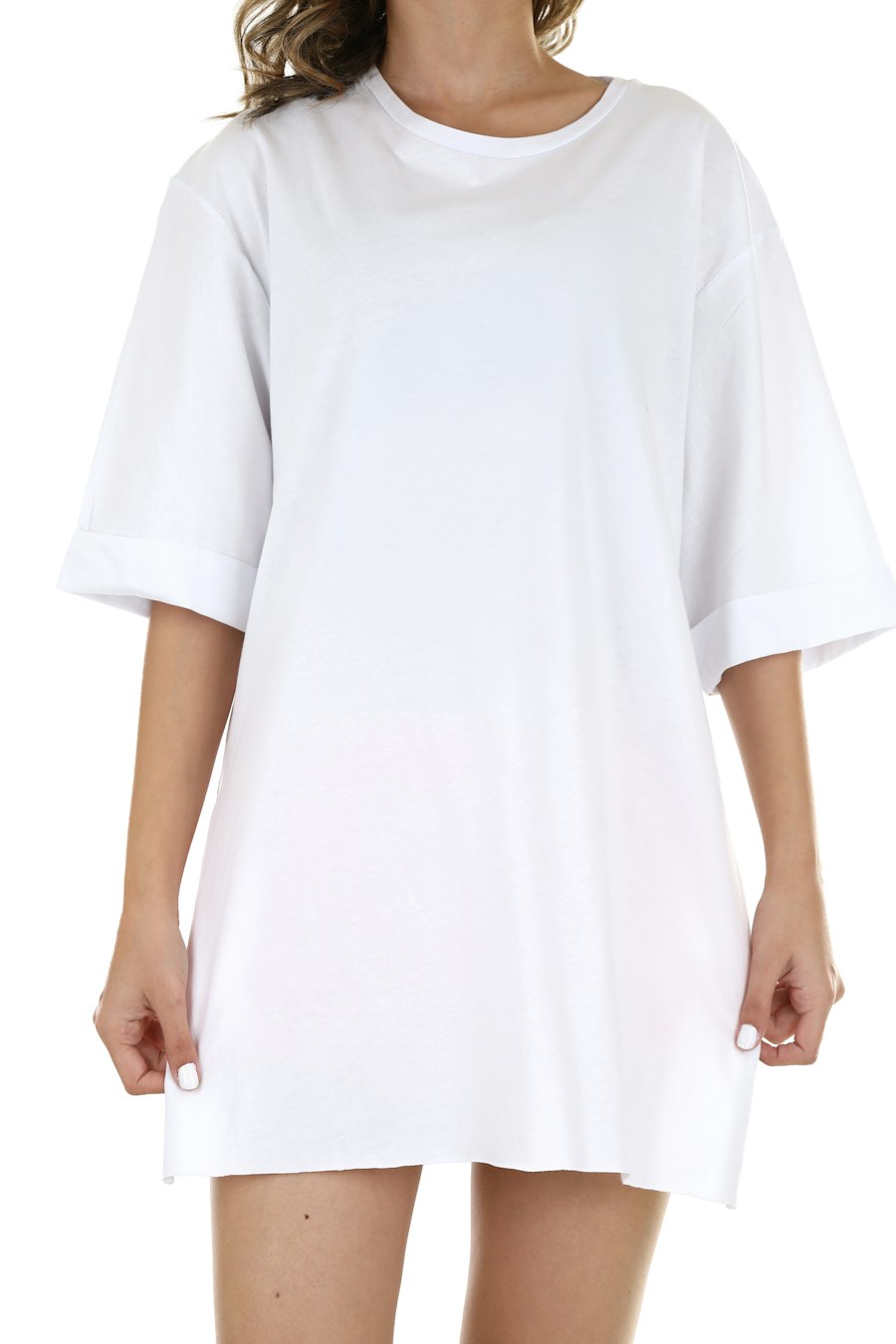 Model wearing oversized white t-shirt